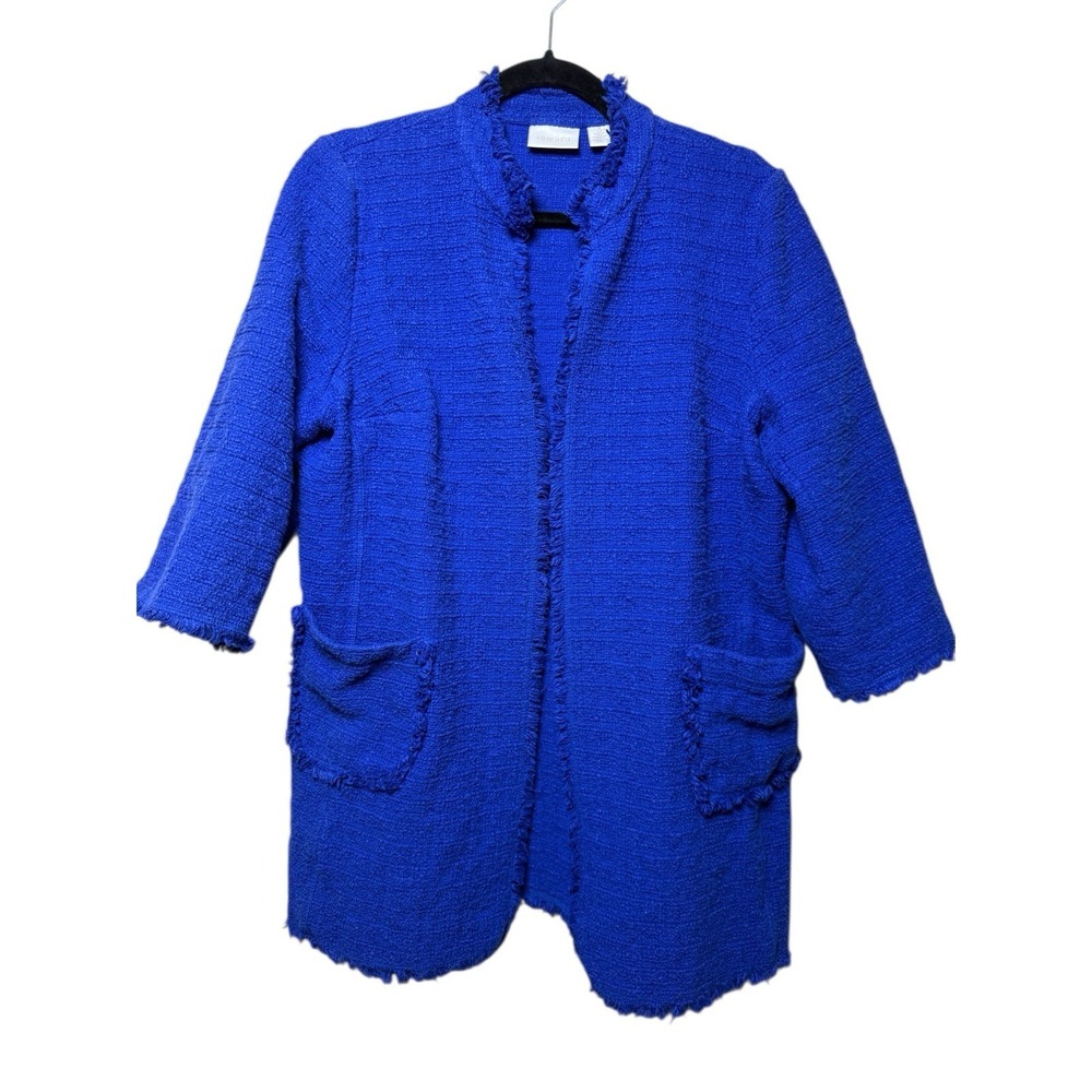 Chico's textured women's‎ size 3 blue open front fringe trim 3/4 sleeve blazer